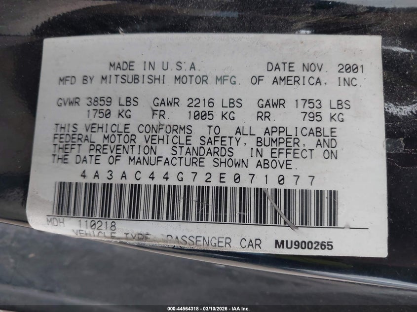 2002 Mitsubishi Eclipse Gs VIN: 4A3AC44G72E071077 Lot: 44564318