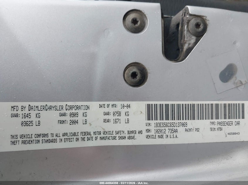 2005 Dodge Neon Sxt VIN: 1B3ES56C65D137069 Lot: 44564356