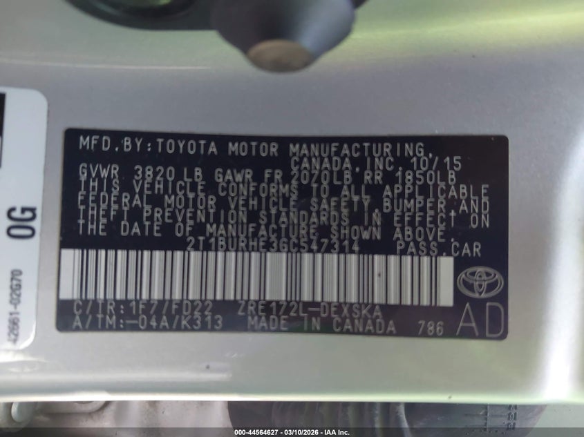 2016 Toyota Corolla S VIN: 2T1BURHE3GC547314 Lot: 44564627