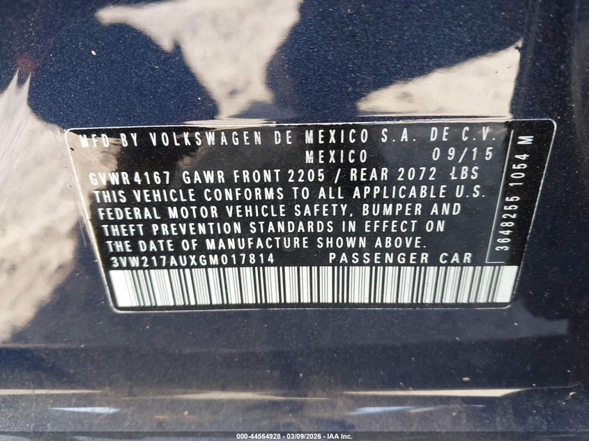 2016 Volkswagen Golf Tsi Se 4-Door VIN: 3VW217AUXGM017814 Lot: 44564928