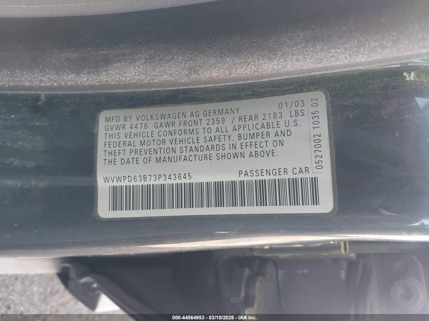 2003 Volkswagen Passat Gls VIN: WVWPD63B73P343645 Lot: 44564953