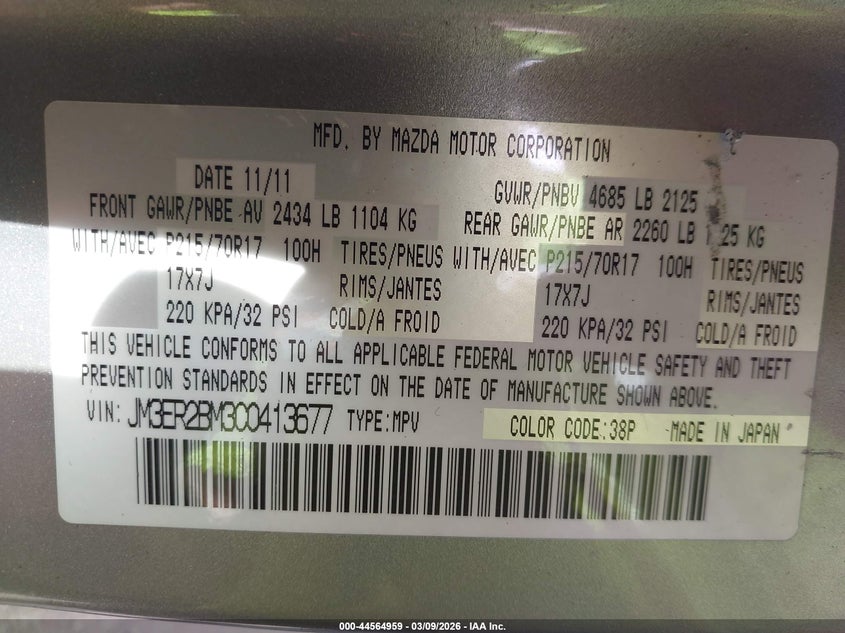 2012 Mazda Cx-7 I Sport VIN: JM3ER2BM3C0413677 Lot: 44564959