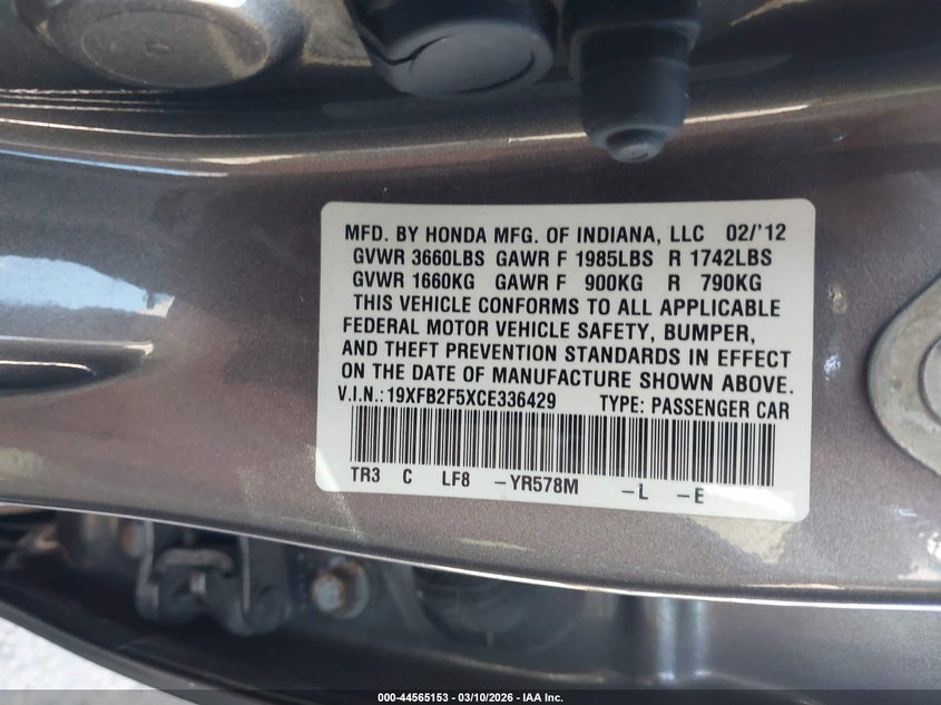 2012 Honda Civic 1.8 Lx Grey Lot 111044565153 Vin 19XFB2F5XCE336429