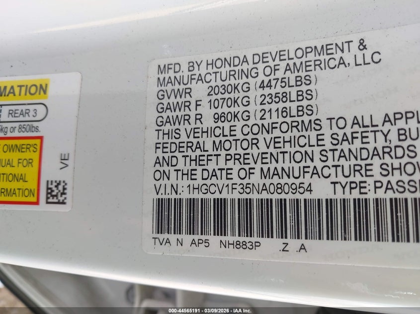 VIN 1HGCV1F35NA080954 2022 HONDA ACCORD SPORT