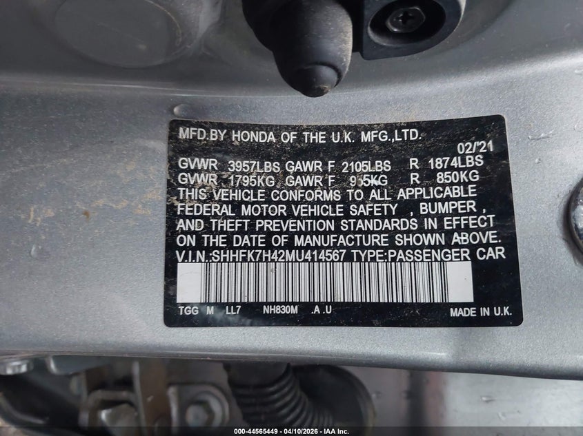 HONDA CIVIC 2021 VIN SHHFK7H42MU414567