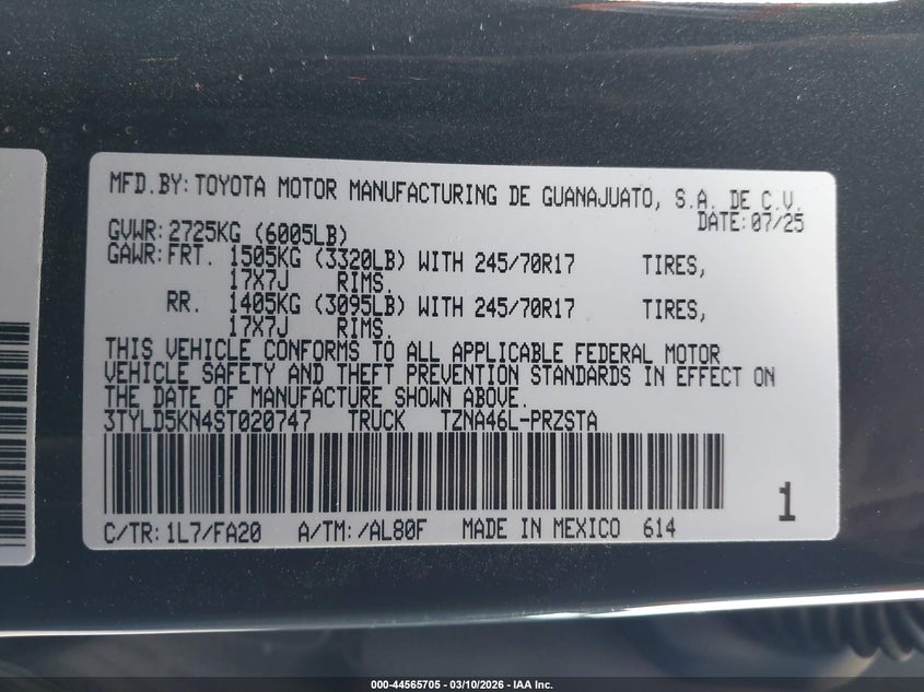 2025 Toyota Tacoma Sr VIN: 3TYLD5KN4ST020747 Lot: 44565705