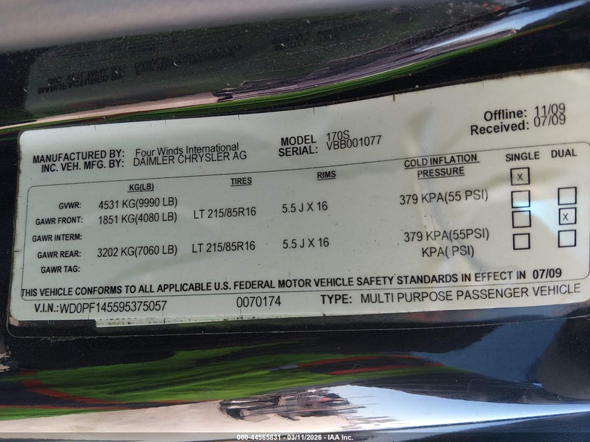 2009 Dodge Sprinter Van 3500 High Roof VIN: WD0PF145595375057 Lot: 44565831