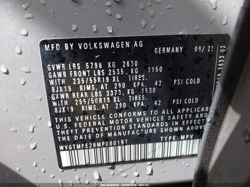 2021 Volkswagen Id.4 Pro S VIN: WVGTMPE26MP060197 Lot: 44565850