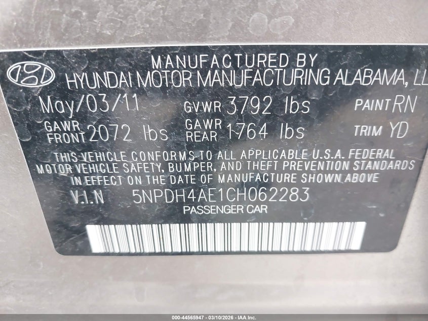 2012 Hyundai Elantra 1.8 Gls grey Lot 111044565947 Vin 5NPDH4AE1CH062283