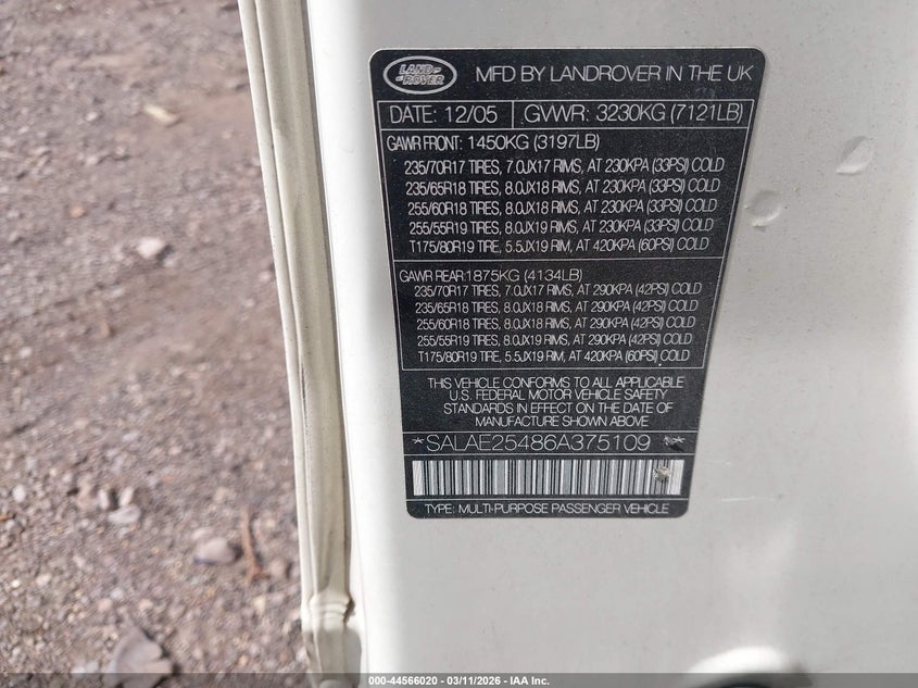 2006 Land Rover Lr3 V8 Se VIN: SALAE25486A375109 Lot: 44566020