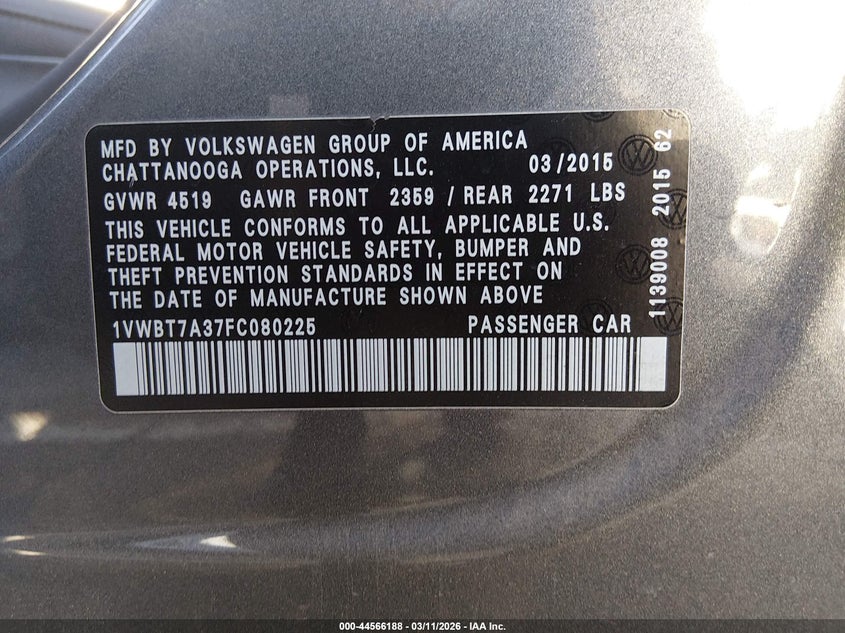 2015 VOLKSWAGEN PASSAT SEDAN 1.8L I-4 DI, DOHC, VVT, TURBO, 170HP