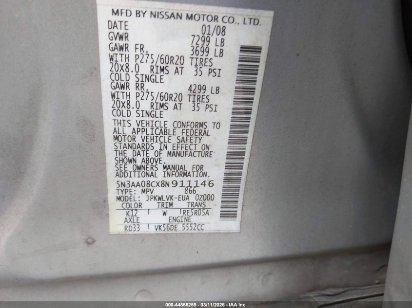 2008 Infiniti Qx56 VIN: 5N3AA08CX8N911146 Lot: 44566259