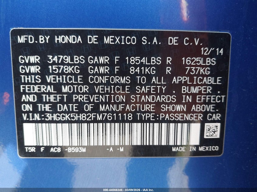 2015 Honda Fit Ex/Ex-L VIN: 3HGGK5H82FM761118 Lot: 44566346