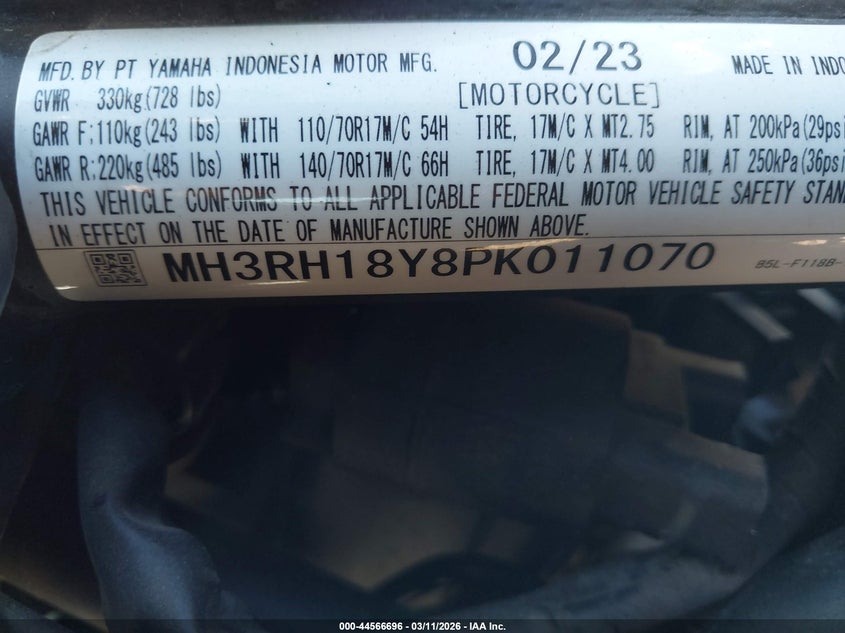 2023 Yamaha Yzfr3 A VIN: MH3RH18Y8PK011070 Lot: 44566696