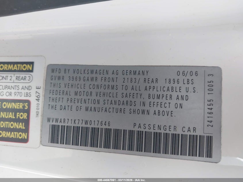 2007 Volkswagen Rabbit 2-Door VIN: WVWAR71K77W017646 Lot: 44567061