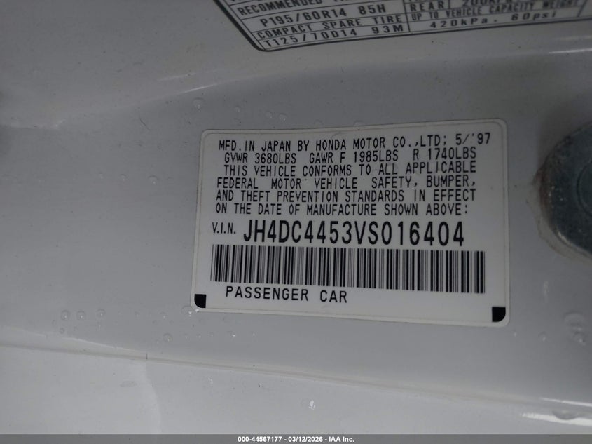 1997 Acura Integra Ls VIN: JH4DC4453VS016404 Lot: 44567177