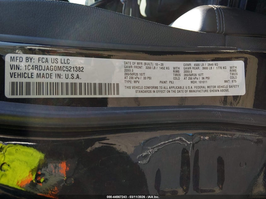 2021 Dodge Durango Sxt Plus Awd VIN: 1C4RDJAG0MC521382 Lot: 44567243
