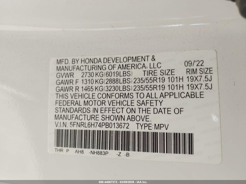 2023 HONDA ODYSSEY(VIN: 5FNRL6H74PB013672