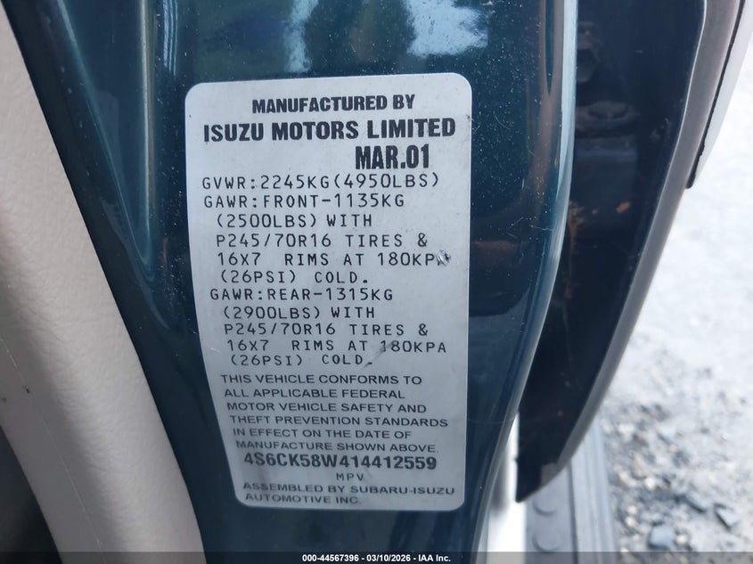 2001 Honda Passport Ex/Ex W/Luxury Pkg/Lx VIN: 4S6CK58W414412559 Lot: 44567396