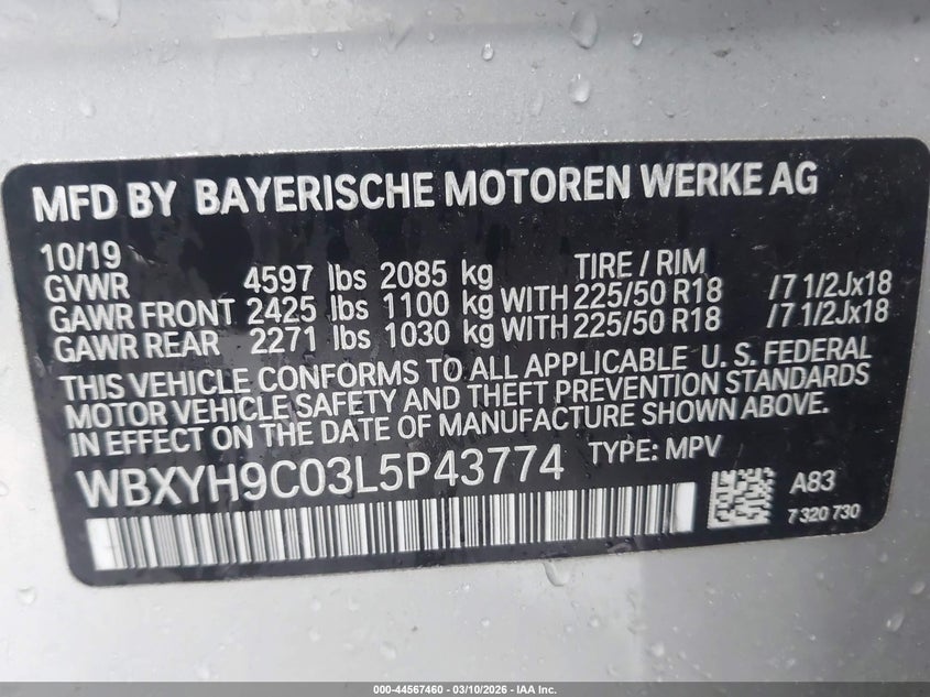 2020 BMW X2 Sdrive28I VIN: WBXYH9C03L5P43774 Lot: 44567460