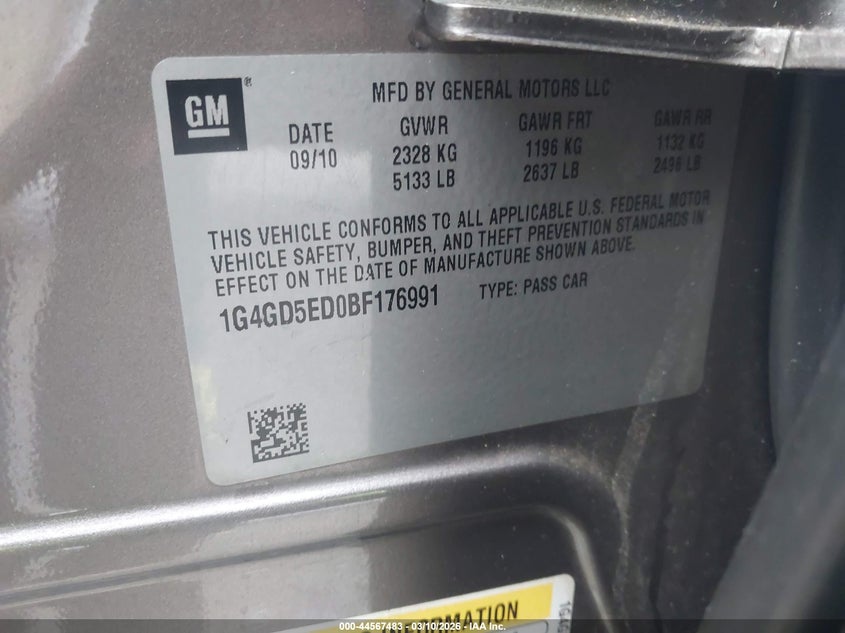 2011 Buick Lacrosse Cxl VIN: 1G4GD5ED0BF176991 Lot: 44567483