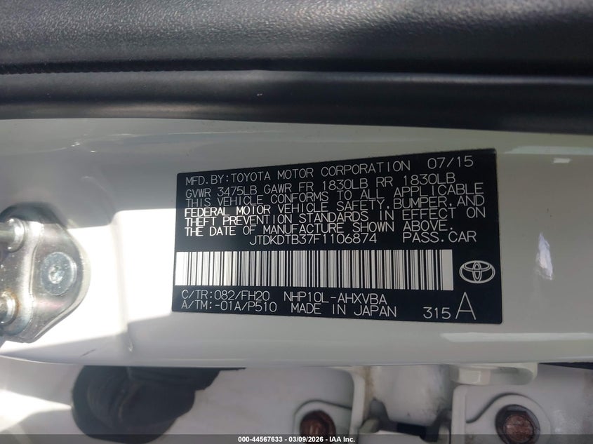 2015 Toyota Prius C One VIN: JTDKDTB37F1106874 Lot: 44567633