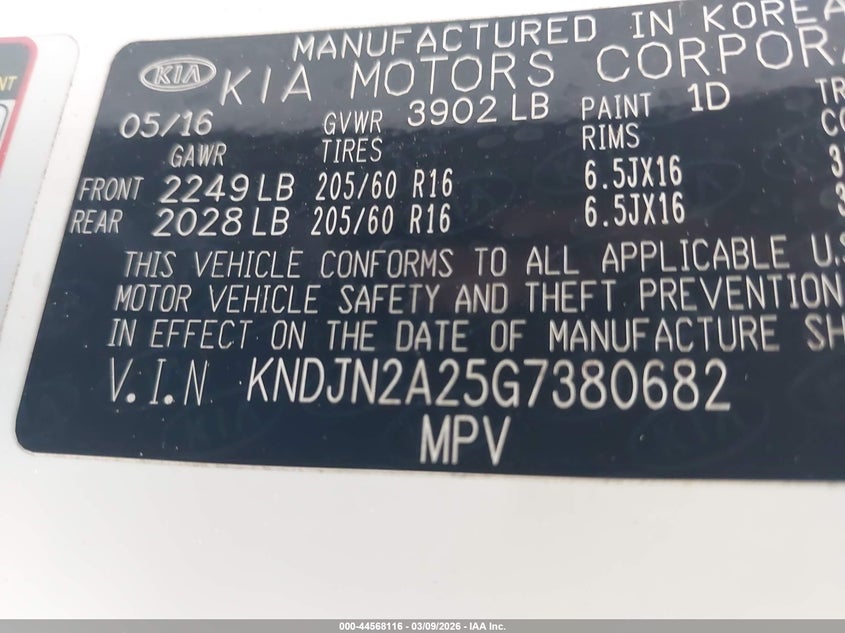 2016 Kia Soul VIN: KNDJN2A25G7380682 Lot: 44568116