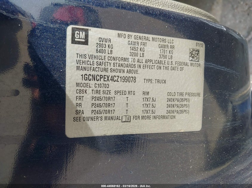 2012 Chevrolet Silverado 4.3 1500 Work Truck blue Lot 111044568162 Vin 1GCNCPEX4CZ199078