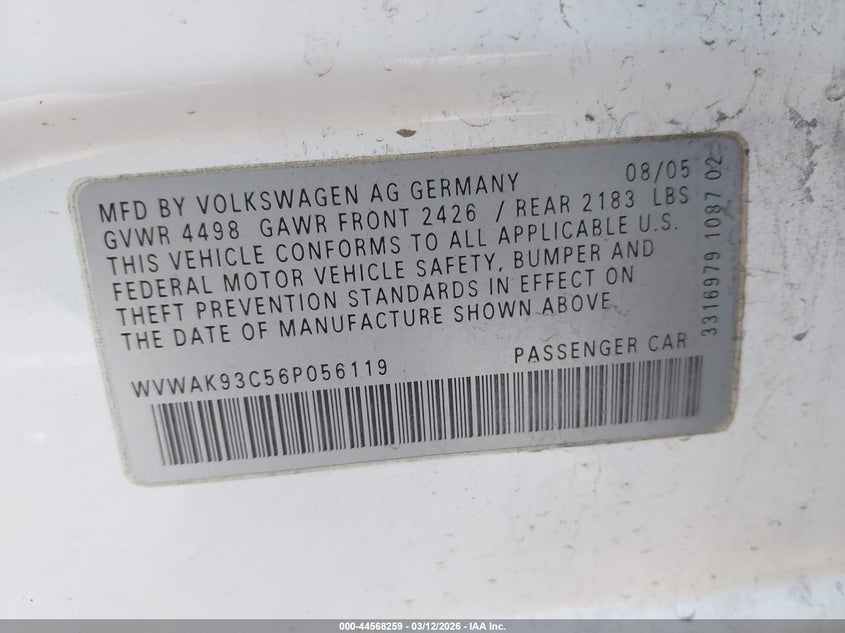 2006 Volkswagen Passat 2.0T/Value Edition VIN: WVWAK93C56P056119 Lot: 44568259