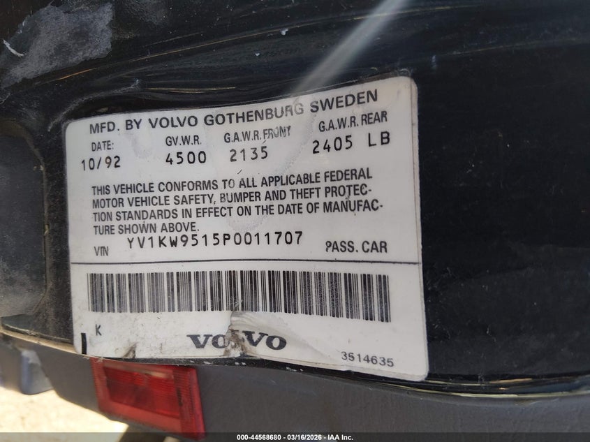 1993 Volvo 960 VIN: YV1KW9515P0011707 Lot: 44568680