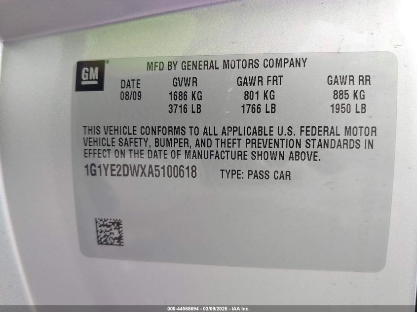 2010 Chevrolet Corvette VIN: 1G1YE2DWXA5100618 Lot: 44568694