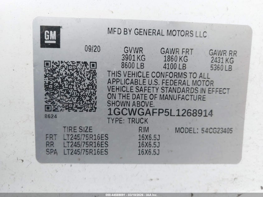 VIN 1GCWGAFP5L1268914 2020 CHEVROLET EXPRESS CARGO RWD 2500 REGULAR WHEELBASE WT