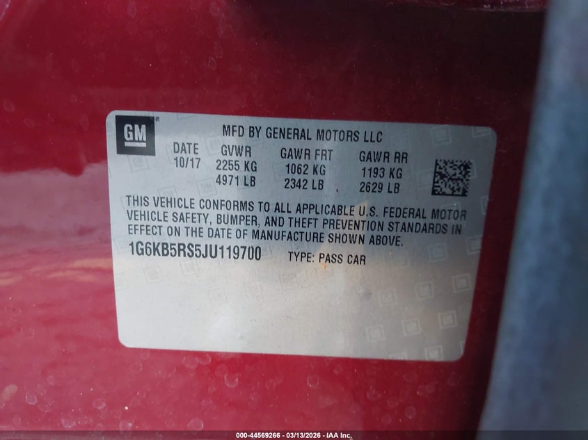 2018 Cadillac Ct6 Standard VIN: 1G6KB5RS5JU119700 Lot: 44569266