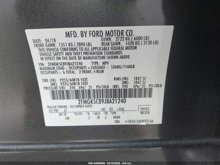VIN 2FMGK5C89JBA21240 2018 FORD FLEX SEL