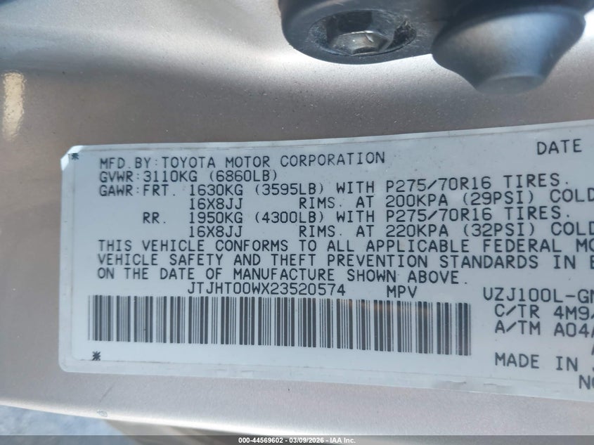 2002 Lexus Lx 470 VIN: JTJHT00WX23520574 Lot: 44569602