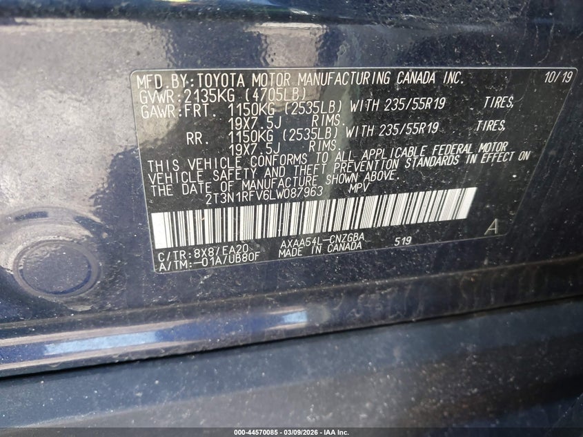 VIN 2T3N1RFV6LW087963 2020 TOYOTA RAV4 LIMITED