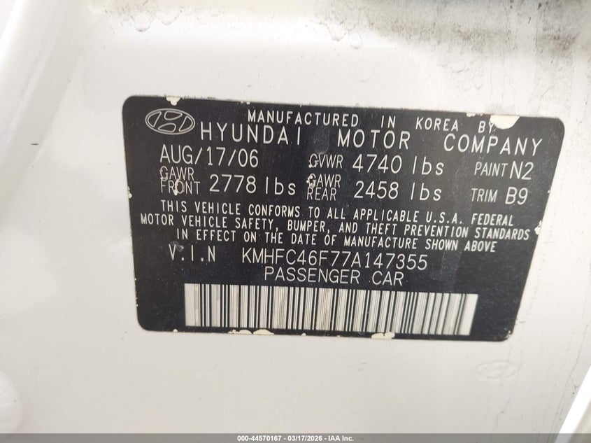 2007 Hyundai Azera Limited/Se VIN: KMHFC46F77A147355 Lot: 44570167