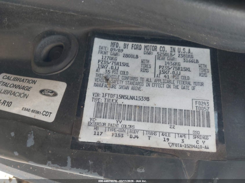1990 Ford F150 VIN: 1FTDF15N5LNA15398 Lot: 44570376