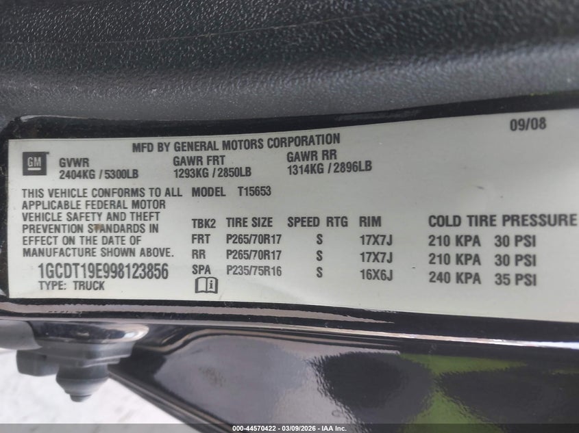 2009 Chevrolet Colorado Lt VIN: 1GCDT19E998123856 Lot: 44570422