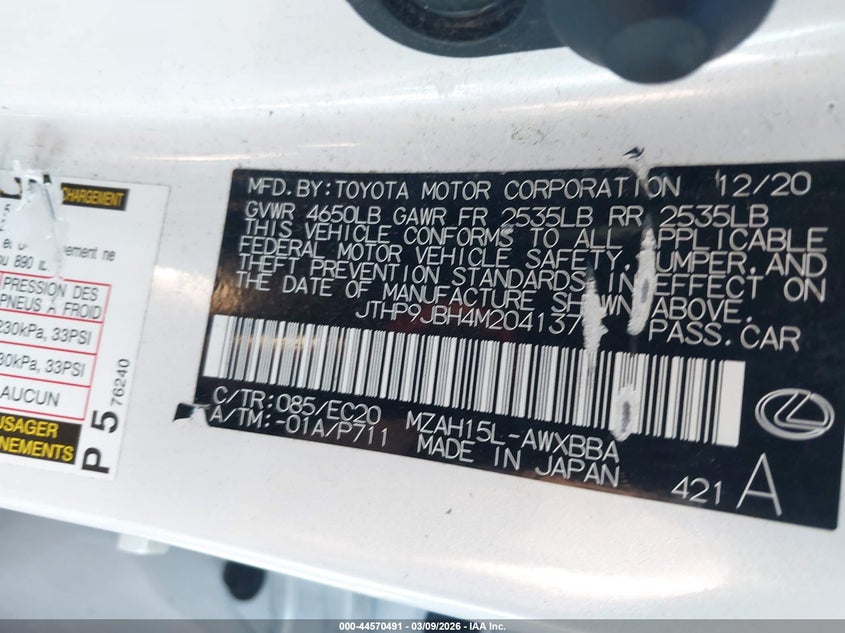 2021 Lexus Ux 250H VIN: JTHP9JBH4M2041379 Lot: 44570491