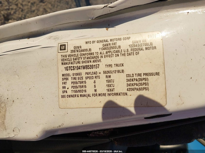 1998 GMC Sonoma Sls VIN: 1GTCS1941W8539157 Lot: 44570526