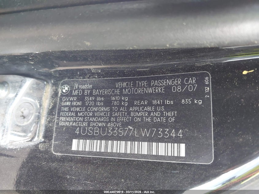 2007 BMW Z4 3.0I VIN: 4USBU33577LW73344 Lot: 44570919