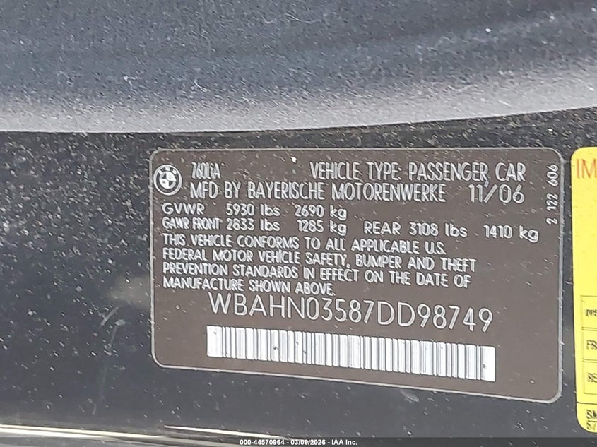 2007 BMW 760Li VIN: WBAHN03587DD98749 Lot: 44570964
