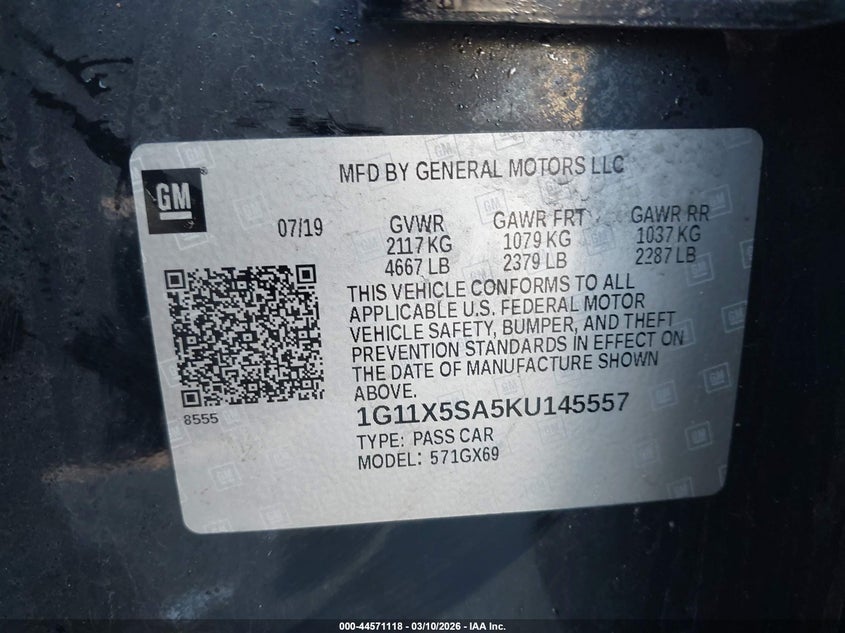 2019 Chevrolet Impala Ls VIN: 1G11X5SA5KU145557 Lot: 44571118