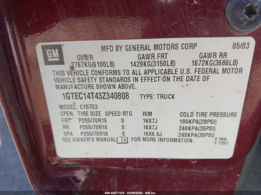 2003 GMC Sierra 1500 Sle VIN: 1GTEC14T43Z340808 Lot: 44571325