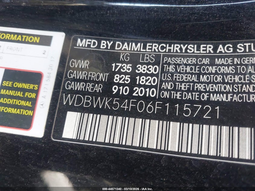 2006 Mercedes-Benz Slk 280 VIN: WDBWK54F06F115721 Lot: 44571340