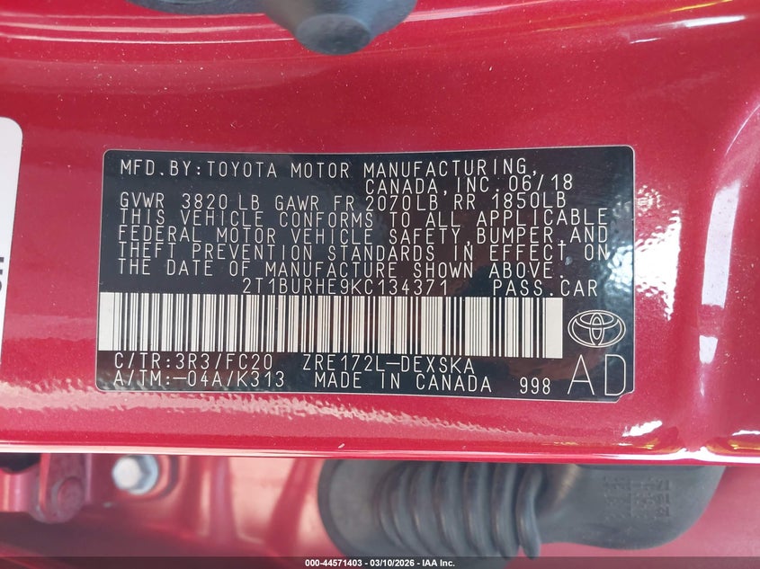 VIN 2T1BURHE9KC134371 2019 TOYOTA COROLLA SE