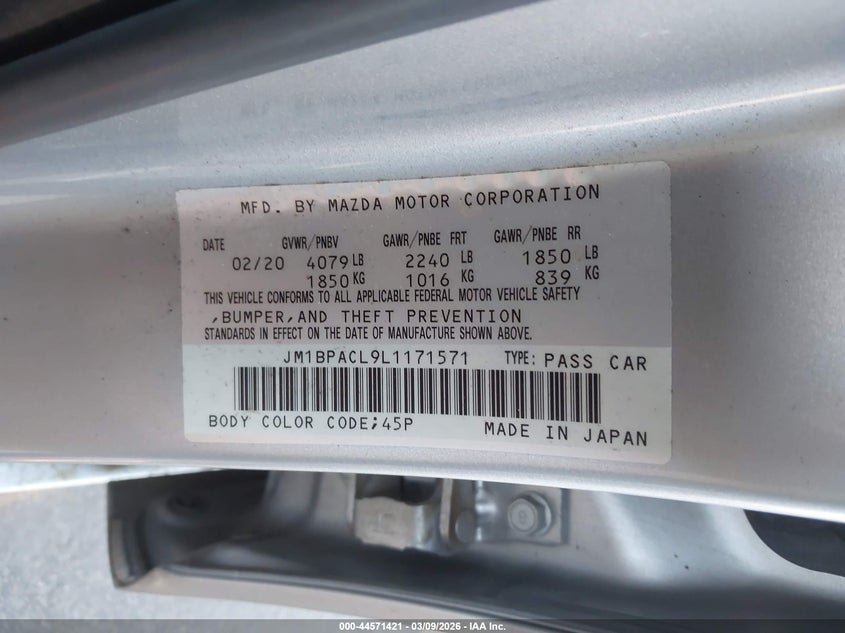 2020 Mazda Mazda3 Select Package VIN: JM1BPACL9L1171571 Lot: 44571421