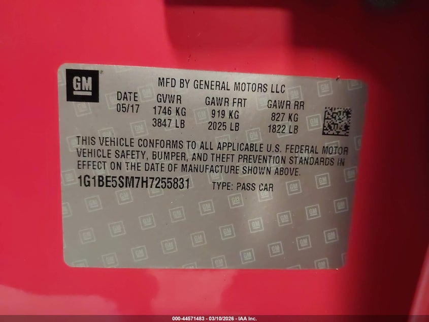 2017 Chevrolet Cruze Lt Auto VIN: 1G1BE5SM7H7255831 Lot: 44571483