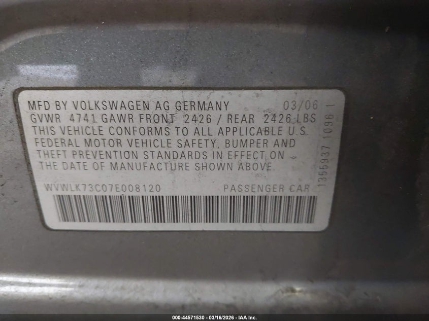 2007 Volkswagen Passat 2.0T VIN: WVWLK73C07E008120 Lot: 44571530